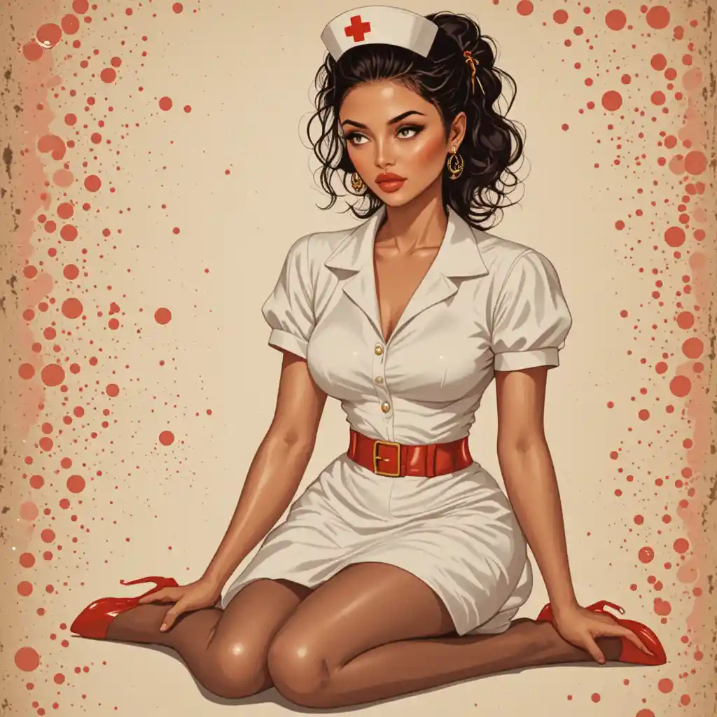 Playful vintage pin up nurse in red heels and stockings