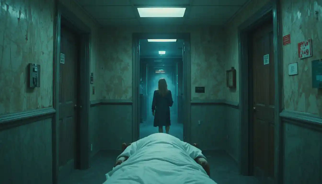 Endless yellow backrooms corridor fading into the distance