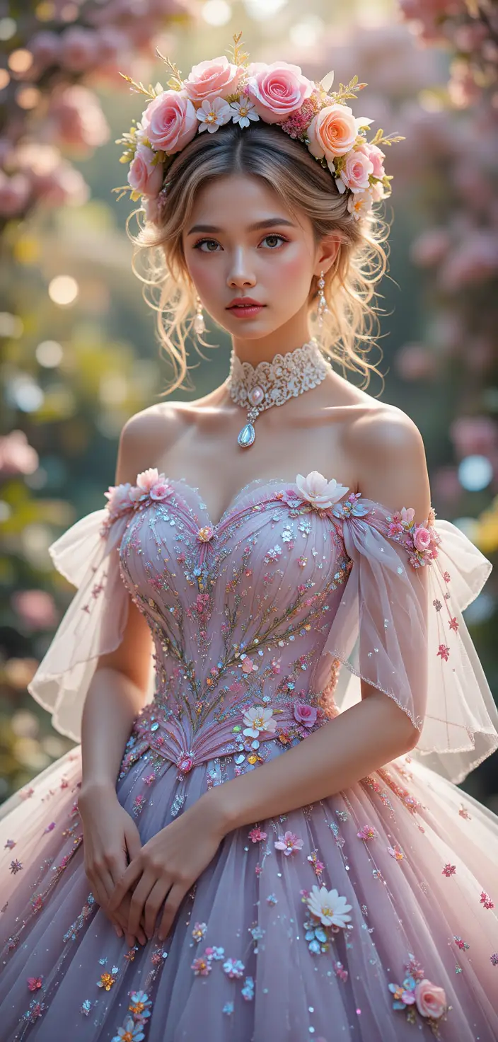 Floral princess in a lavender gown in magical garden