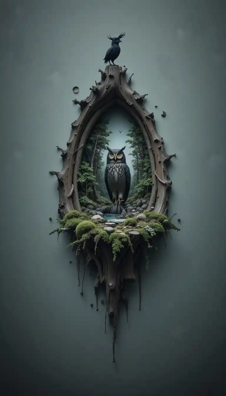 Surreal digital owl silhouette with forest micro landscape