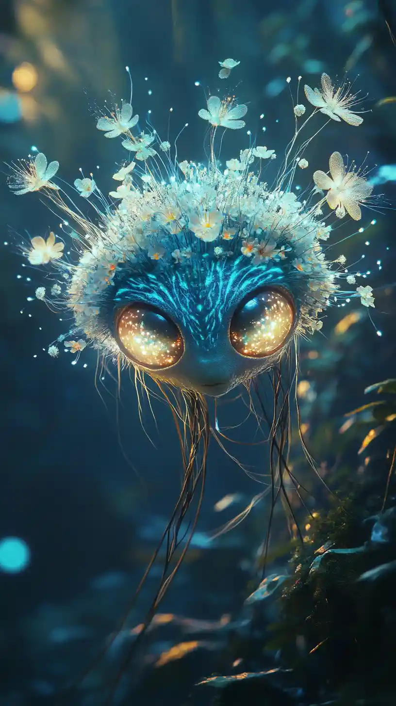 Ethereal creature with orchid halo in dark forest