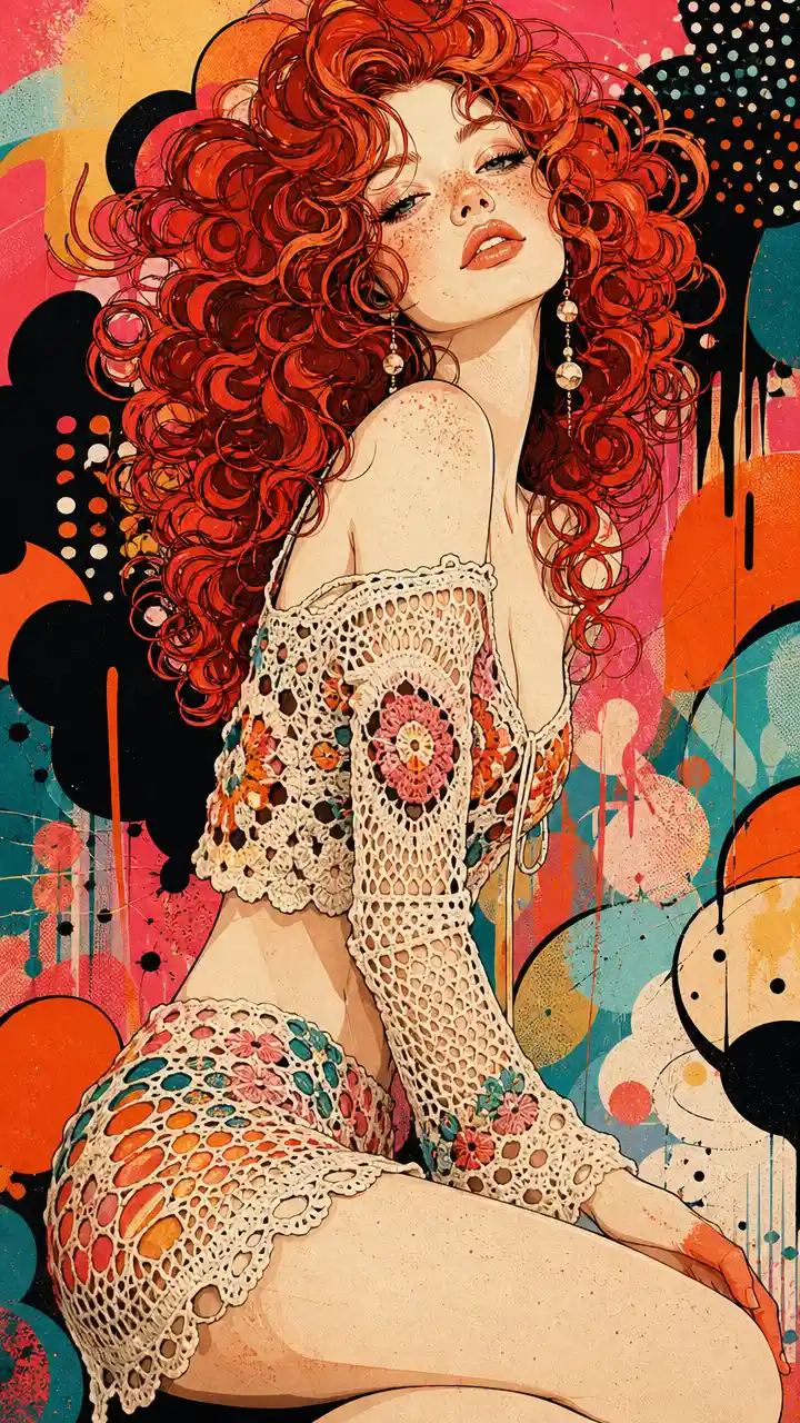 Pop art fashion illustration of a woman in crochet outfit