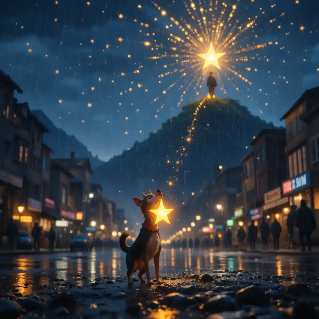 Small street dog carrying a glowing star at night