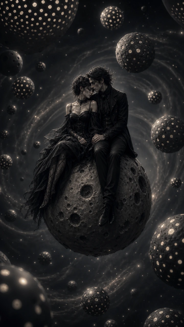 Gothic couple on a small moon in surreal outer space