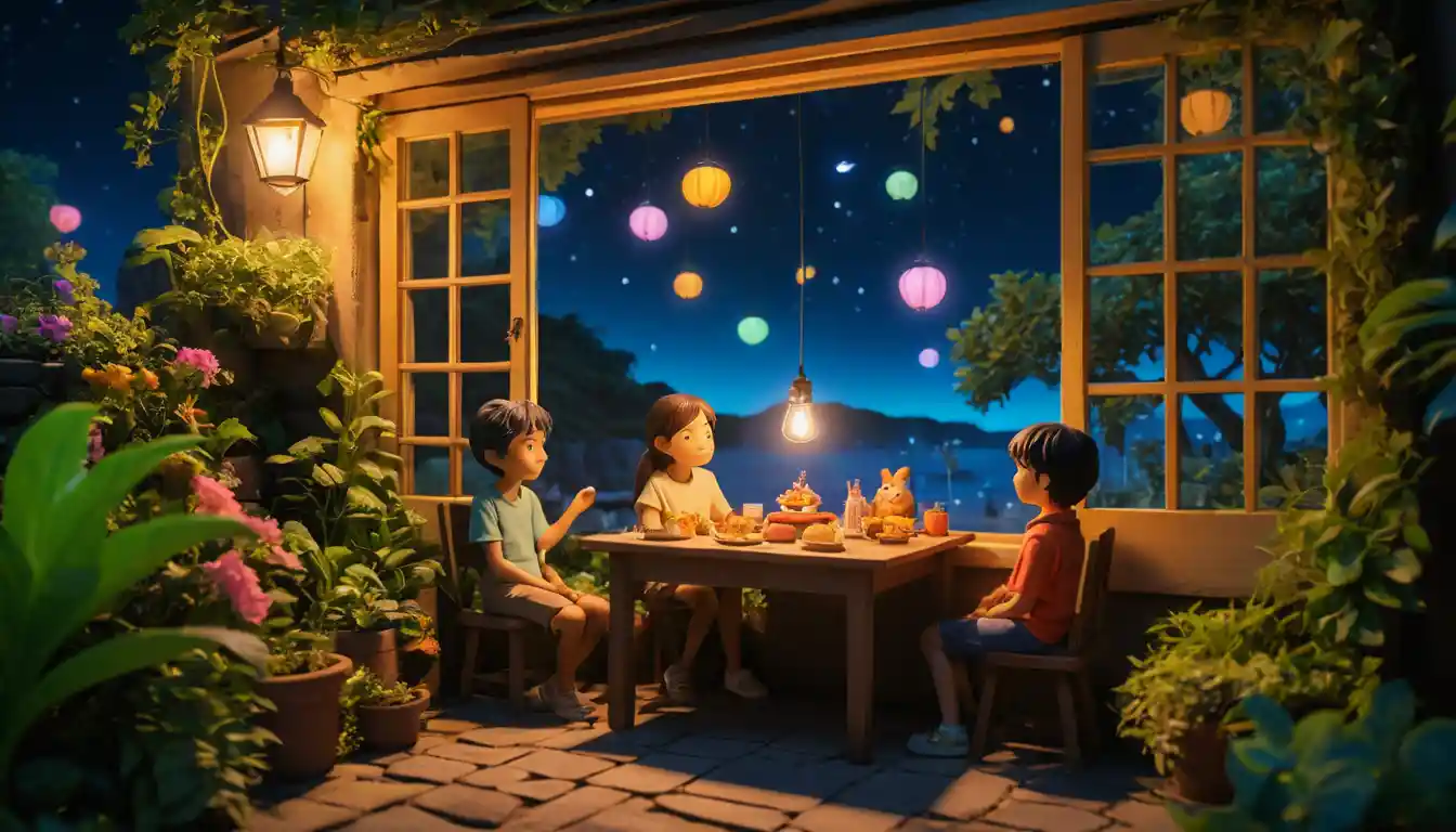Child playing on a tablet in a cozy cartoon room