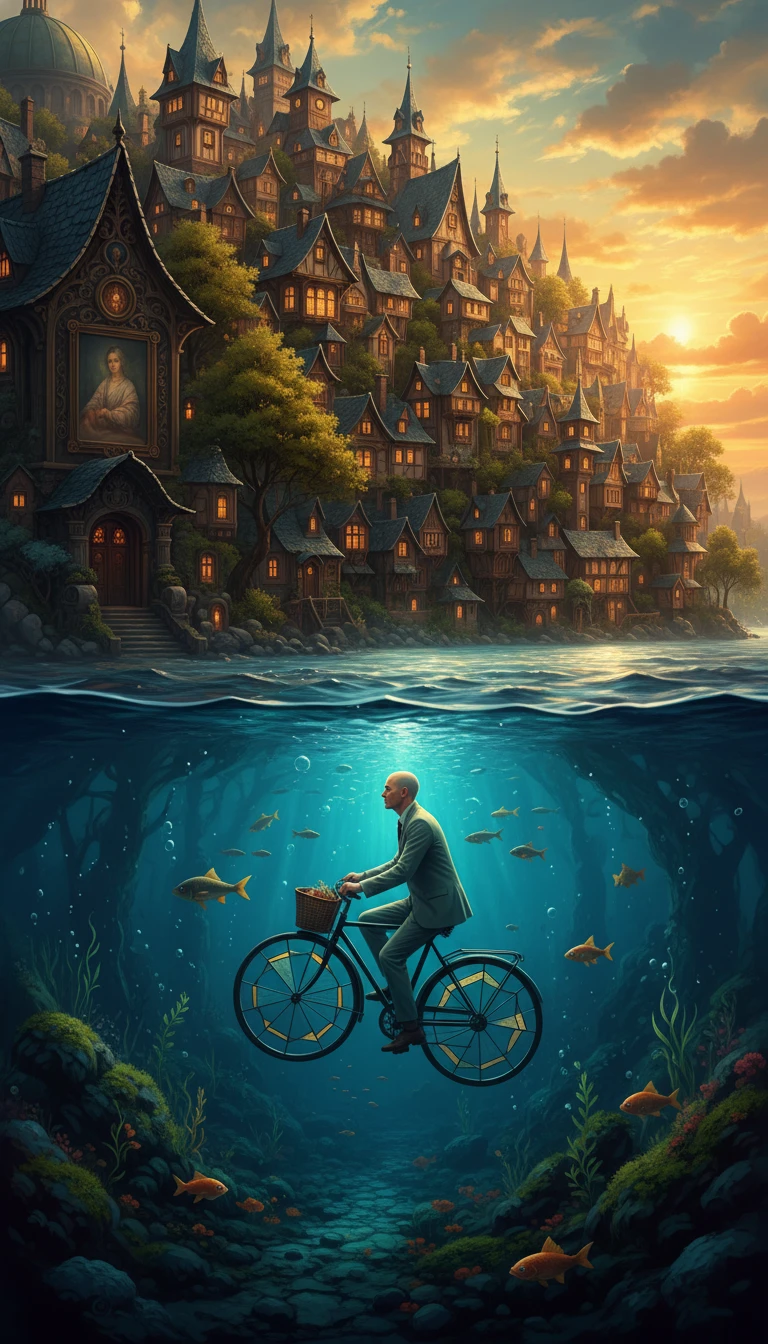 Man cycling through a surreal village above shimmering water