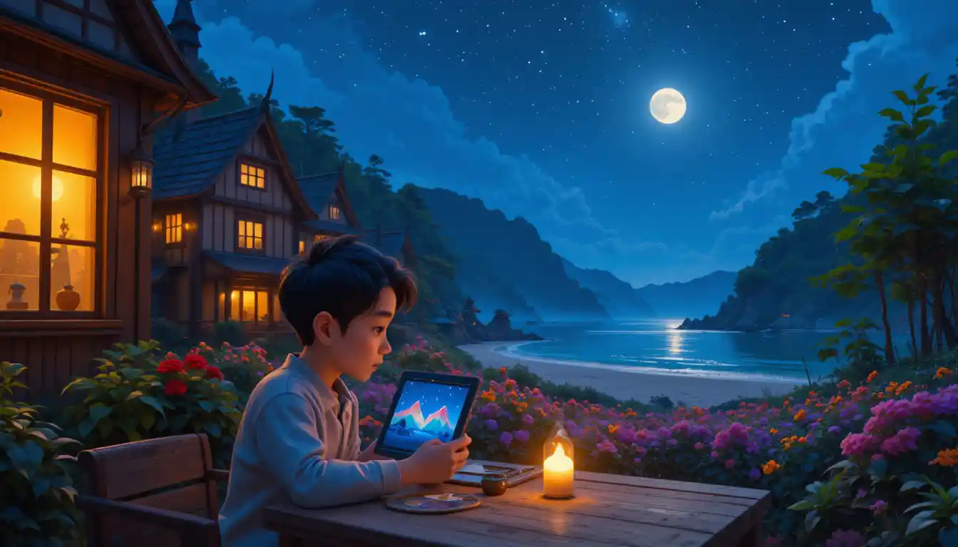 Child playing Roblox on a tablet at a cozy table