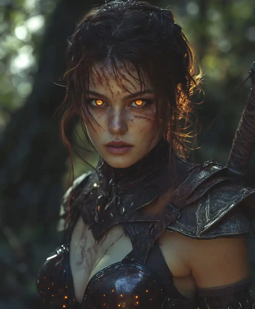 Feral fantasy warrior woman in an enchanted dark forest