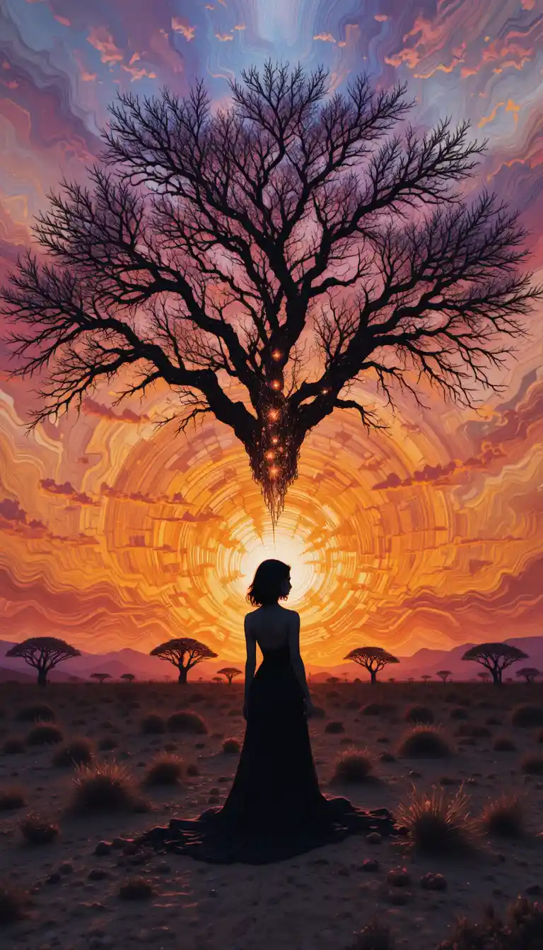 Woman silhouette by a barren tree at desert sunset