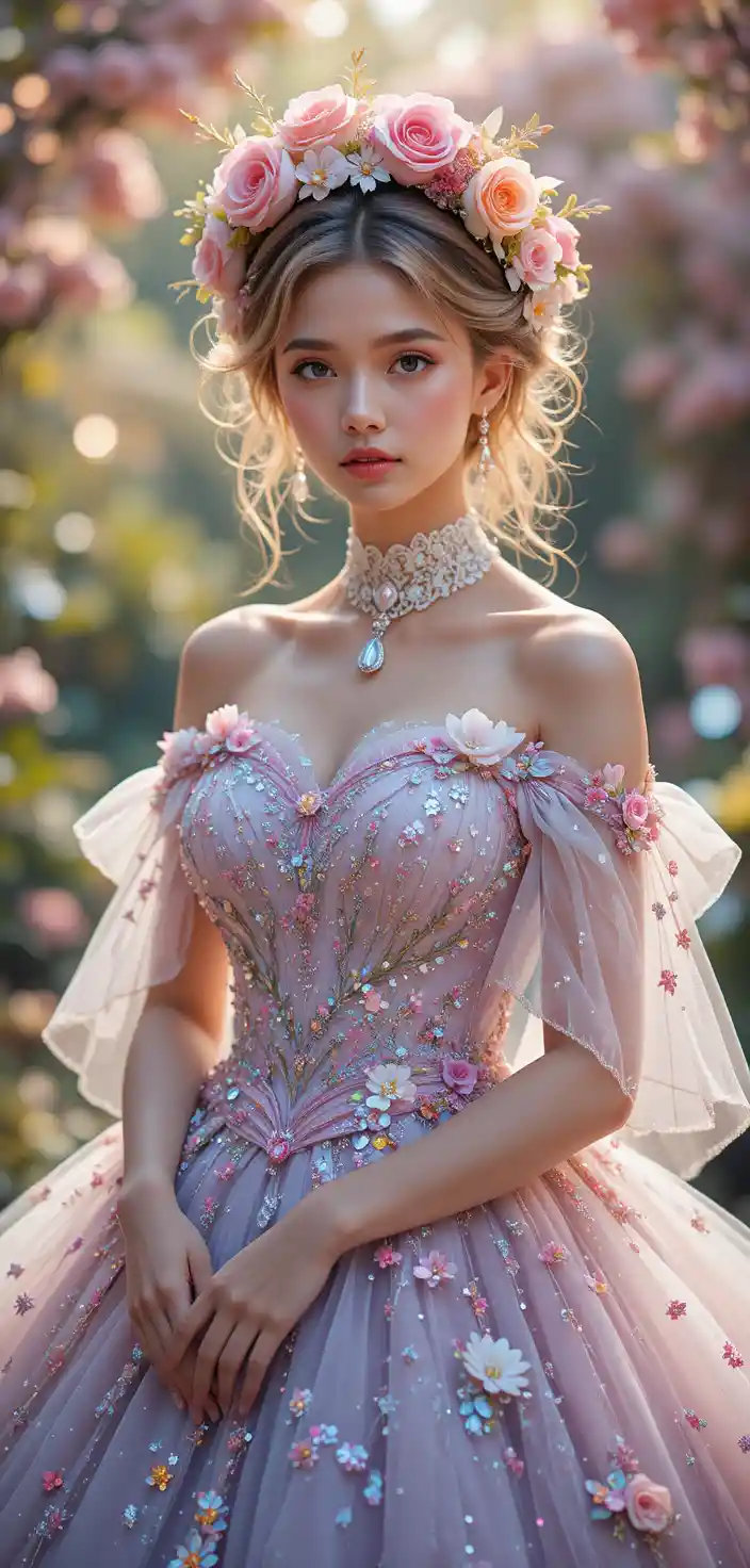 Floral princess in a lavender gown in magical garden