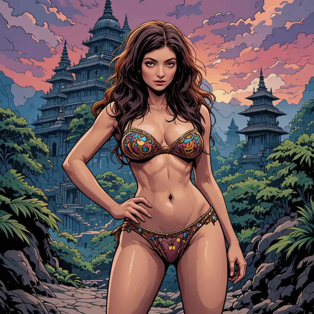 Amazon woman in micro bikini at ancient Mayan temple