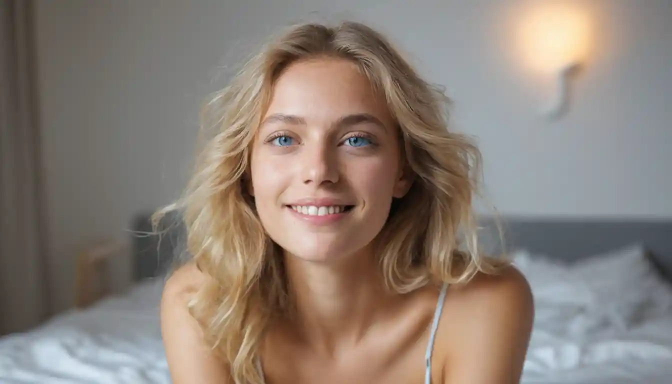 Blonde woman sitting on a modern bed in soft daylight