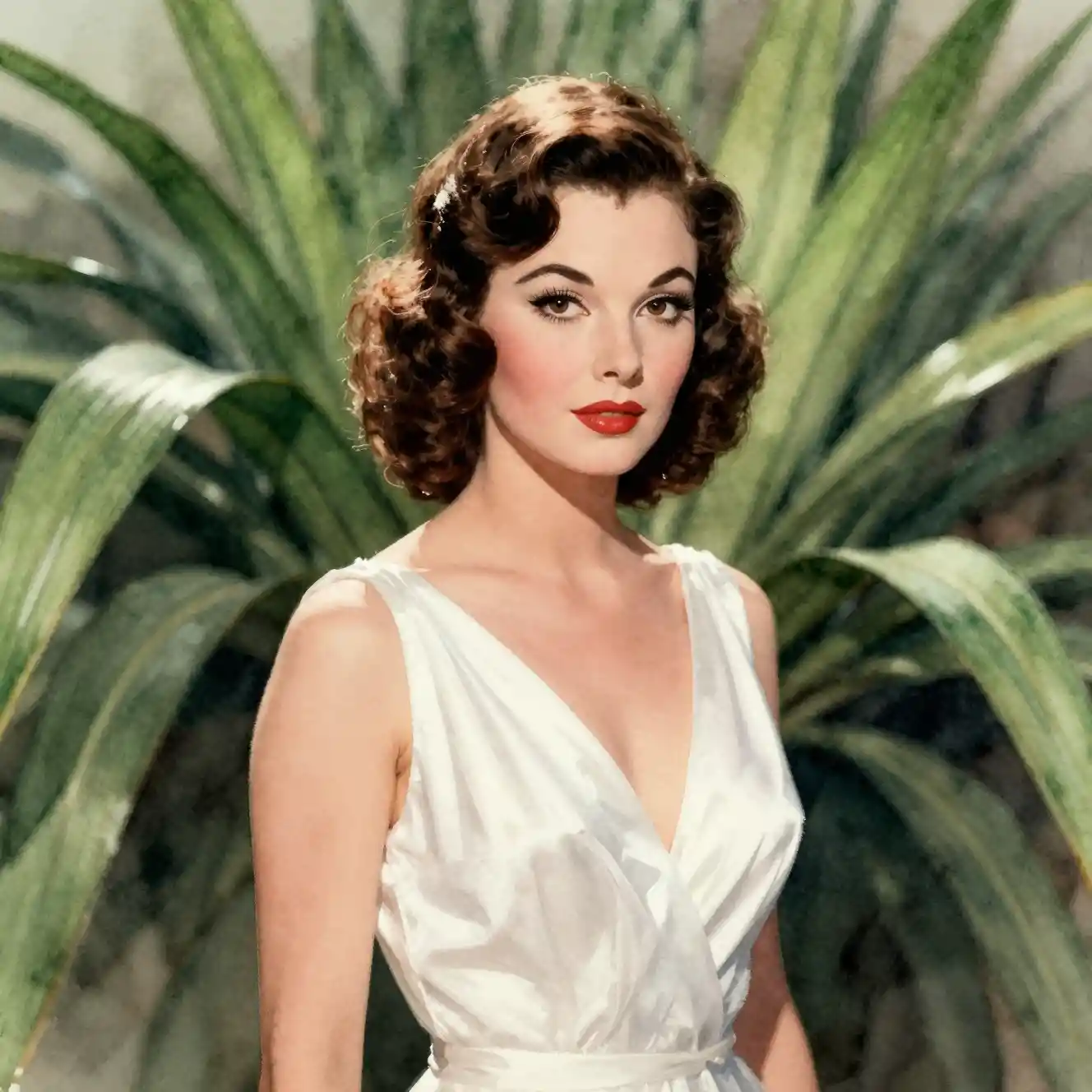 Vintage brunette woman in white gown among lush foliage