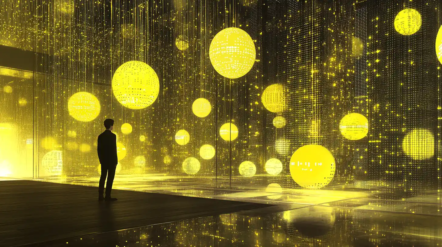 Surreal mirrored room of data patterned spheres and light