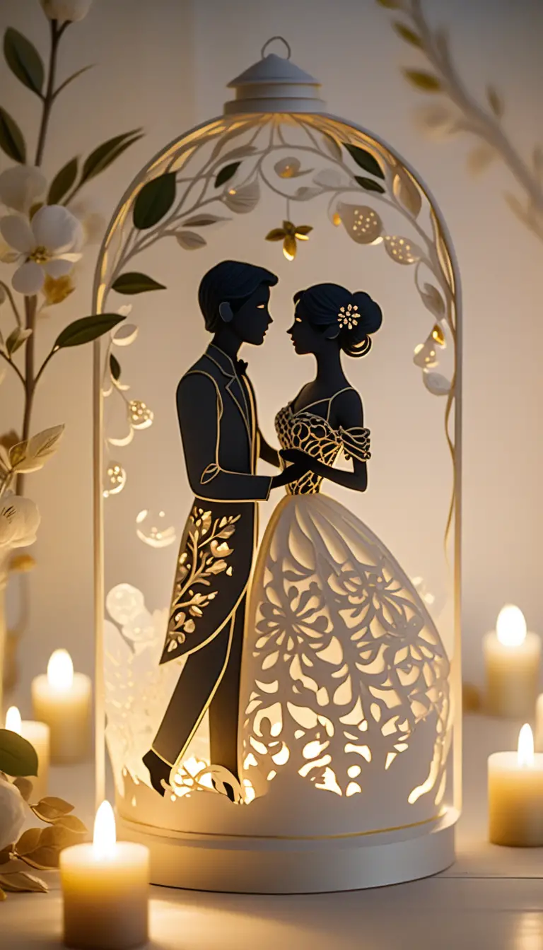 Papier mache couple waltz silhouette with lantern and flowers