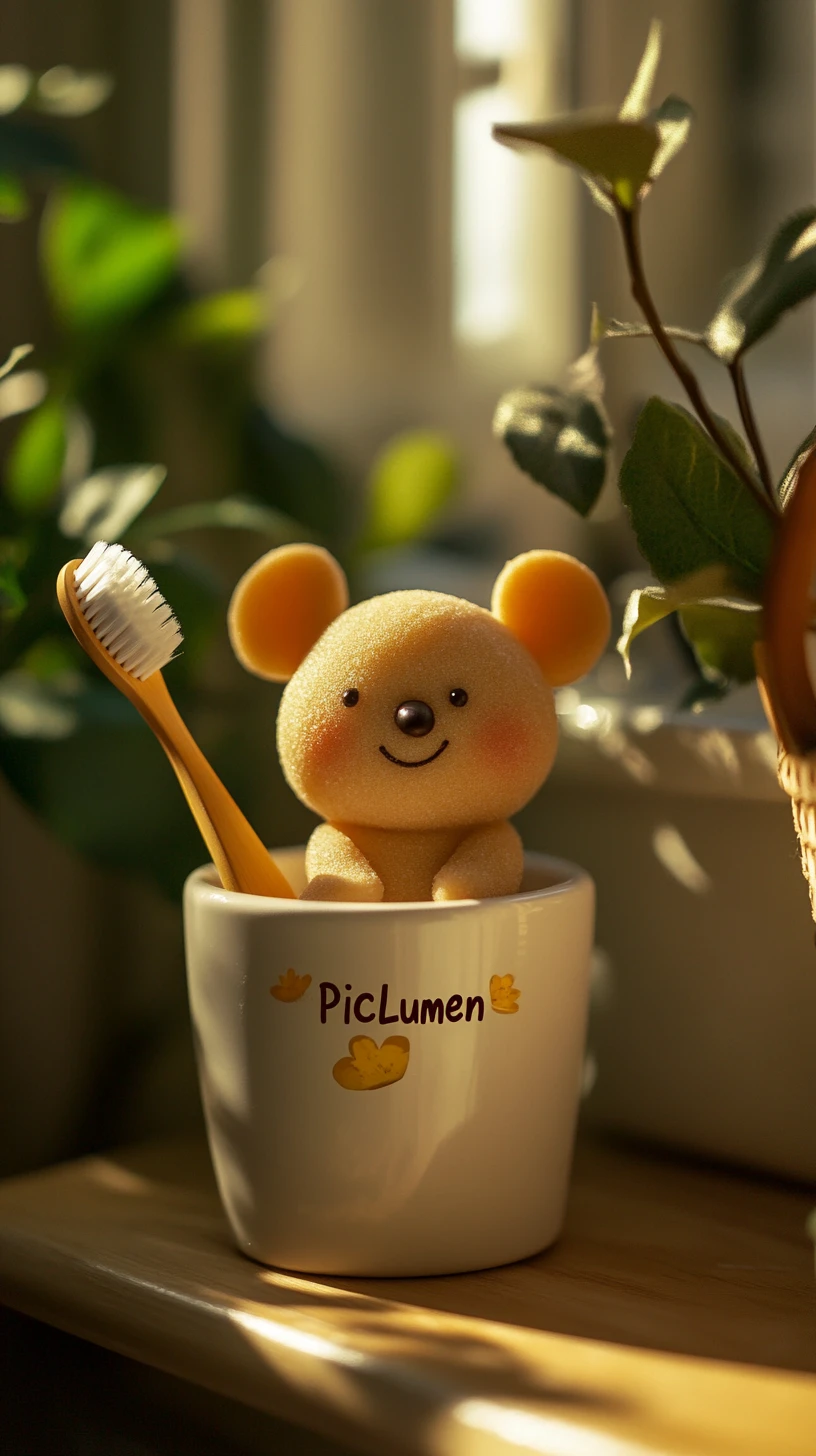 Ratón tierno en vaso para cepillos con forma de diente en el baño