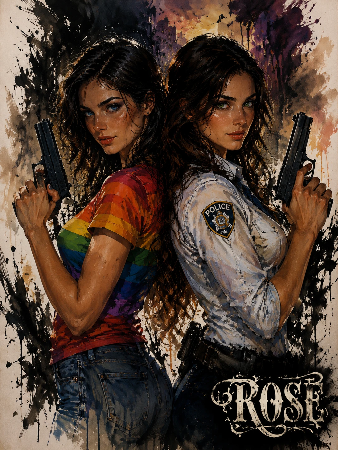 Two young women back to back holding handguns in ink art