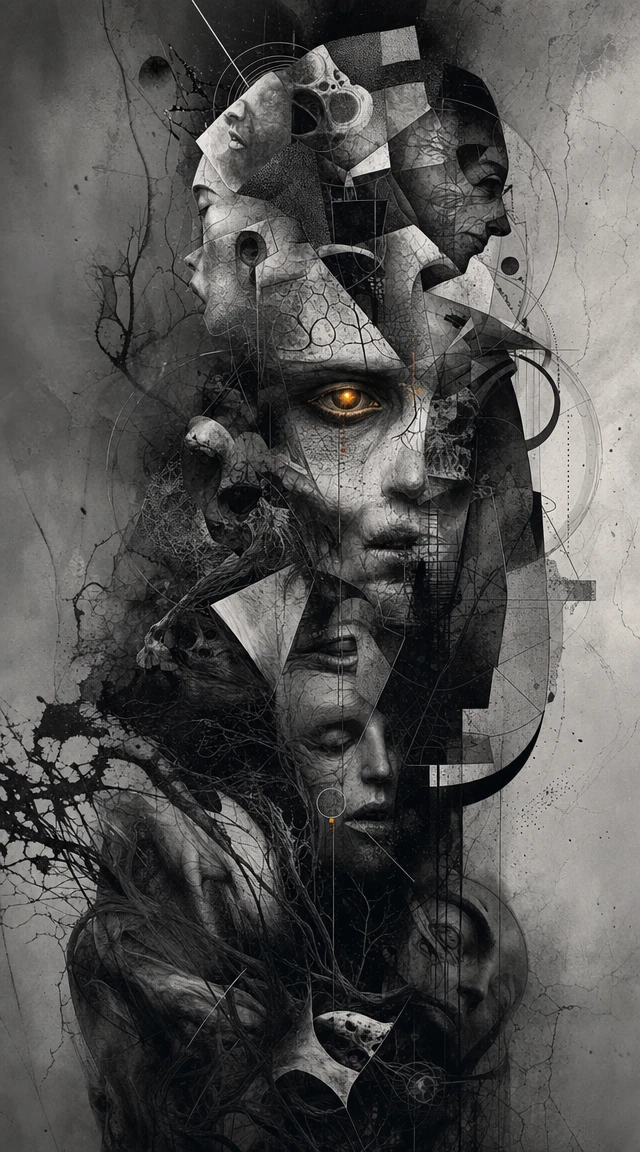 Surreal layered faces with a single glowing eye