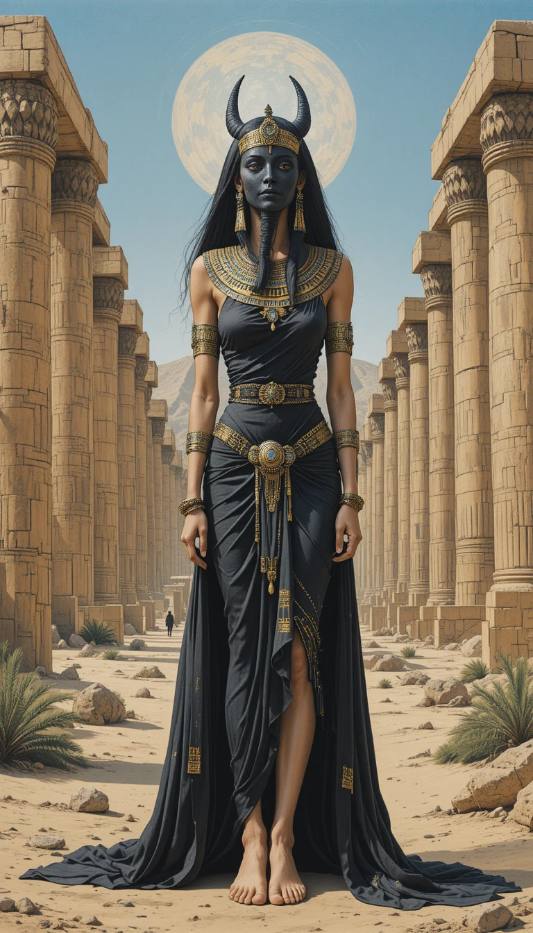 Serpentine Egyptian goddess in desert ruins with canopic jar