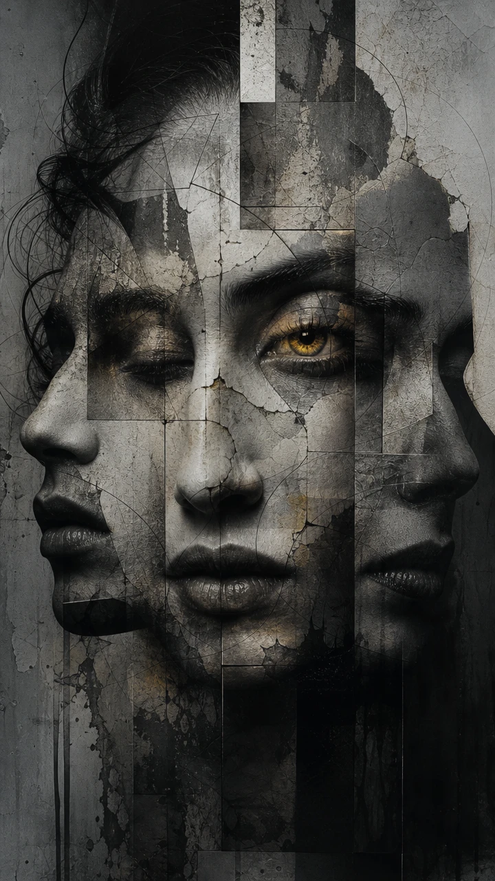Layered translucent faces with a single glowing golden eye