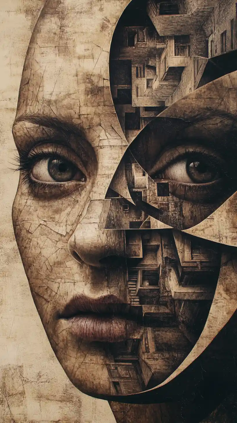 Surreal close up portrait revealing a geometric city within