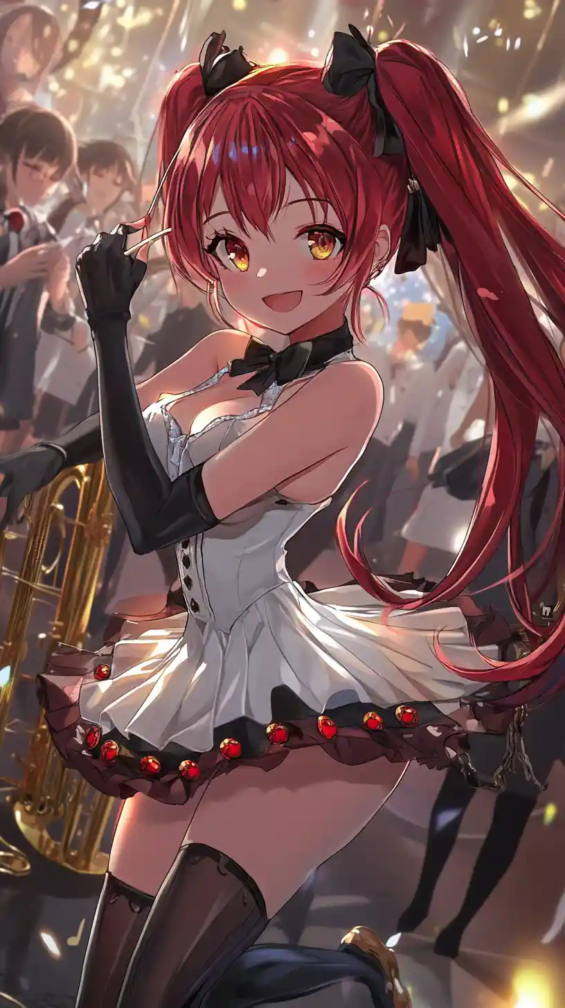 Anime girl dancing joyfully with male dancers in room