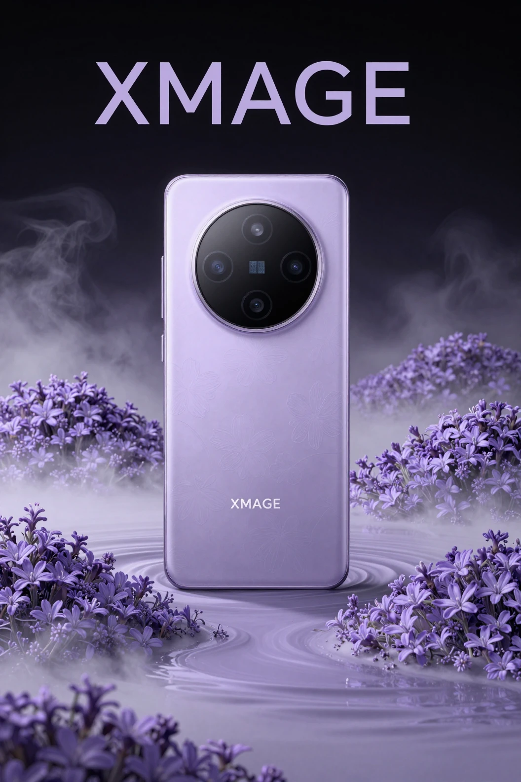 Smartphone insignia lavanda con relieve floral en neblina de ensueño
