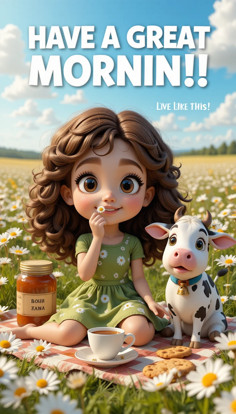 Chibi girl in daisy field on a sunny summer morning