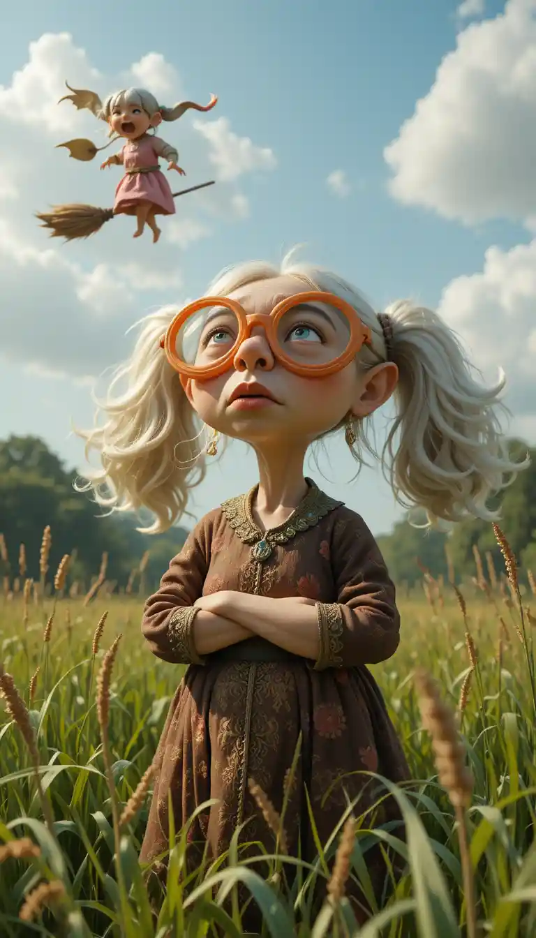 Stylized Baba Yaga With Orange Glasses In Tall Grass