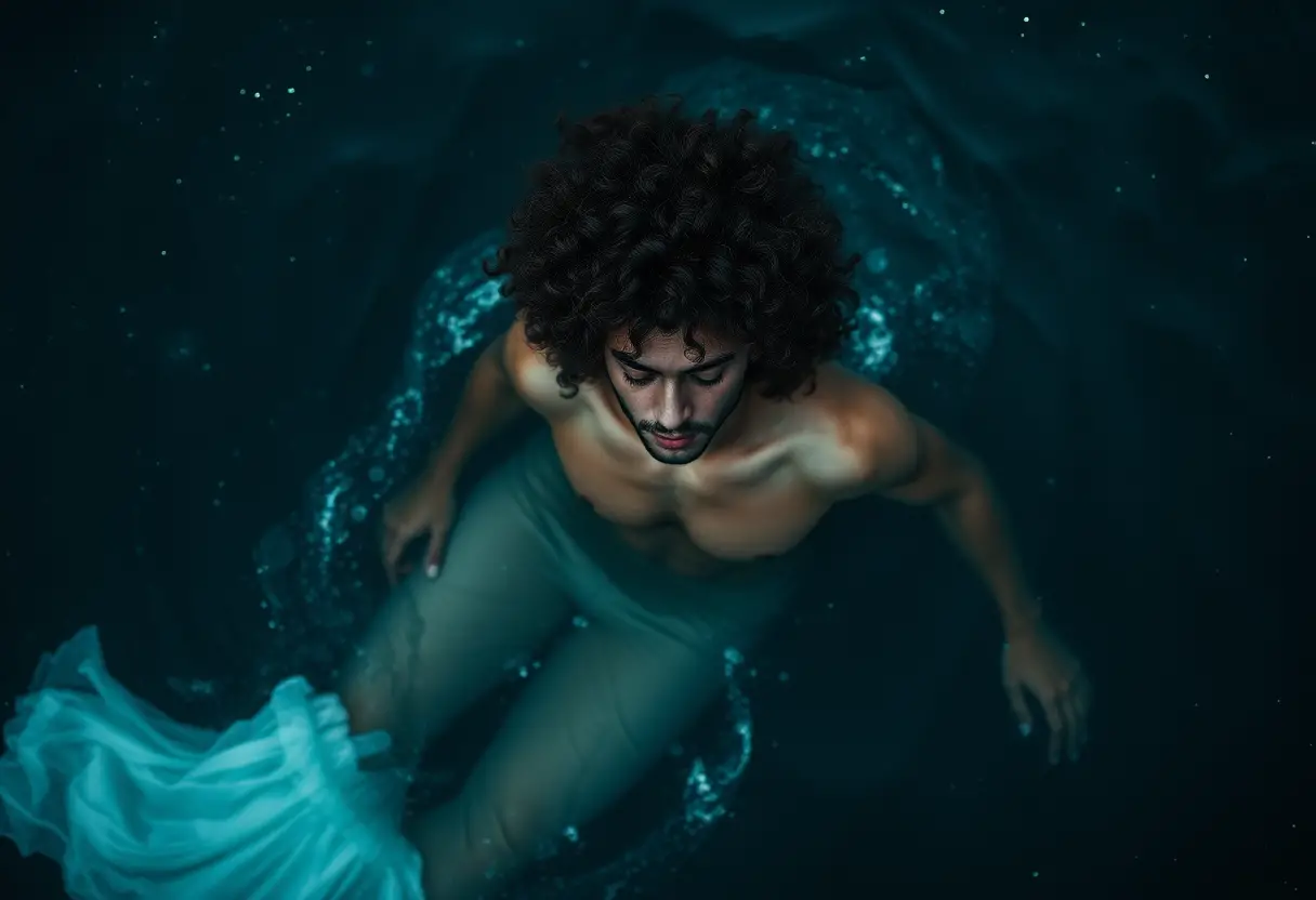 Serene figure floating on glowing deep ocean at night