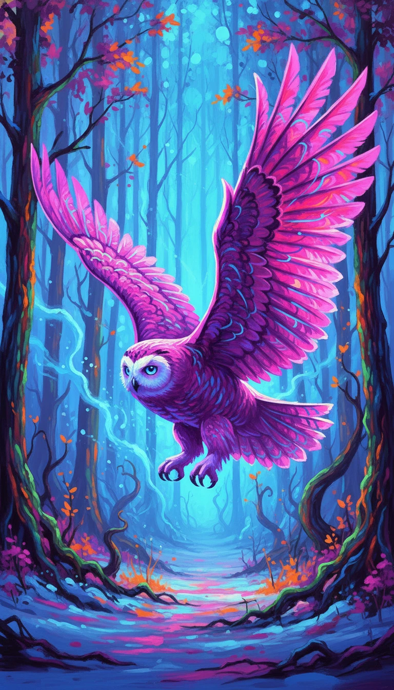 Neon snowy owl soaring through a glowing fantasy forest