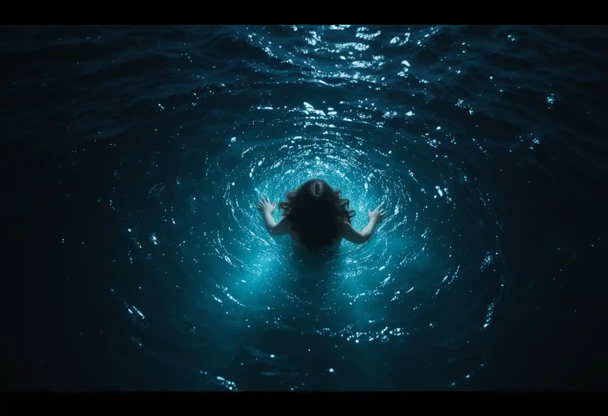 Serene figure floating on glowing deep ocean water