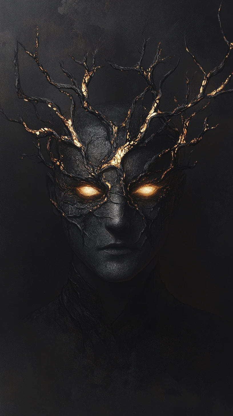 Charcoal faced dark creature with ember eyes and branch crown