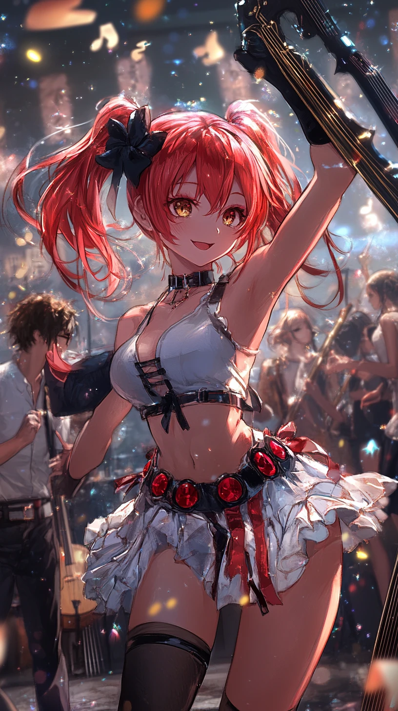 Anime girl dancing with passion in a dimly lit room