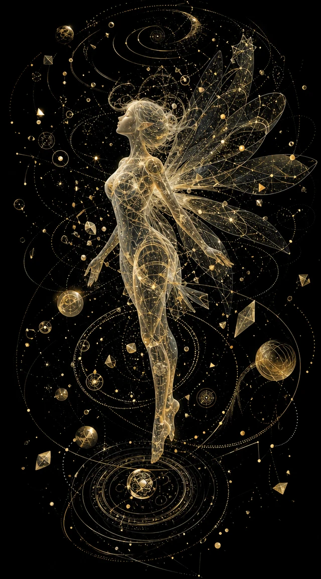 Luminous fairy floating in deep space with celestial rings