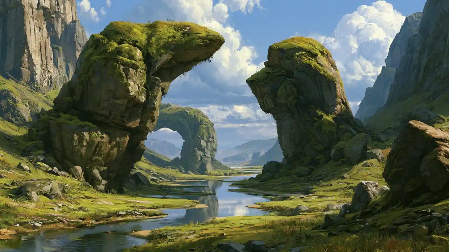 Serene mountain valley with mossy stone arches and river