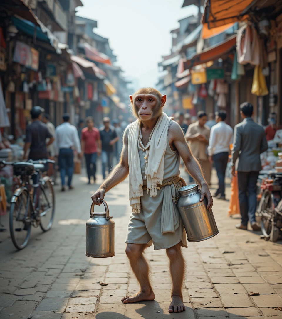 Monkey Milk Vendor In A Busy Indian Street Market
