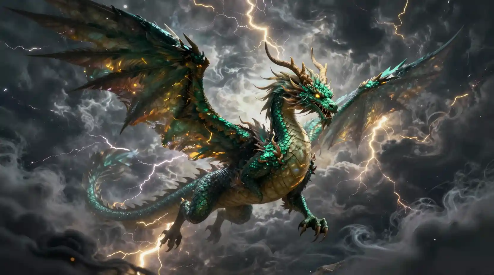 Winged chinese dragon flying through a raging storm