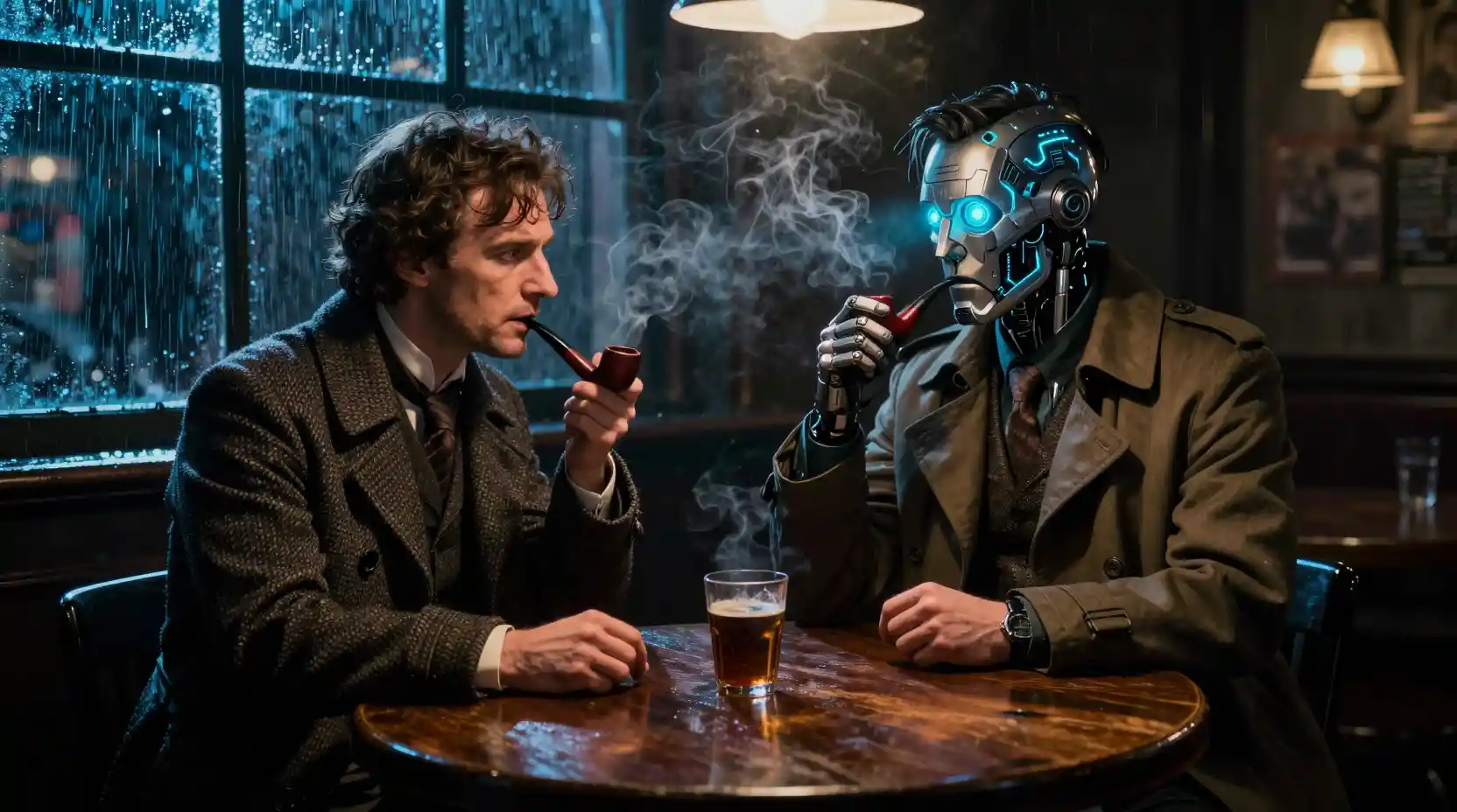 Noir detectives face off across a smoky midnight bar table