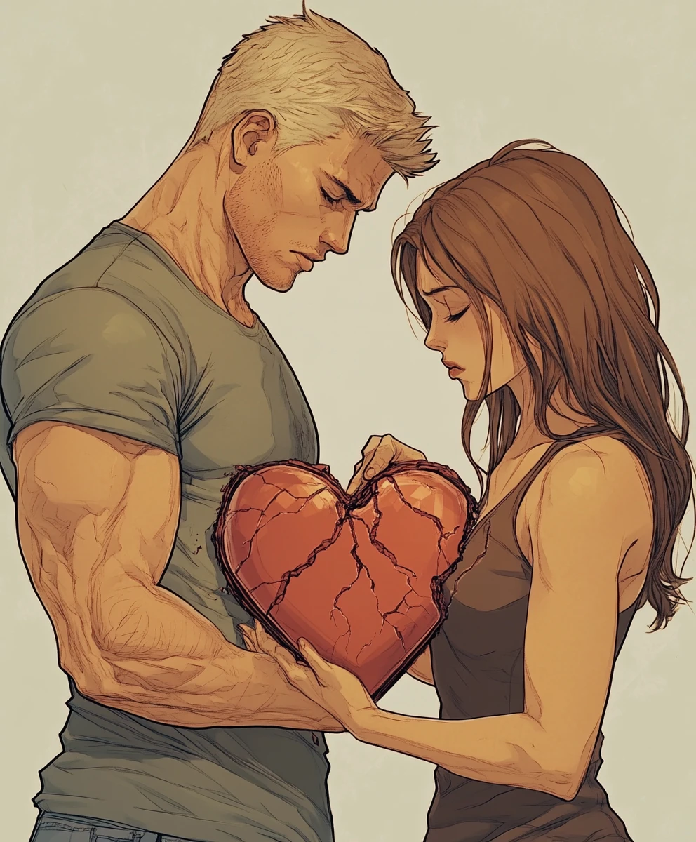 Man and woman mending a shattered symbolic heart