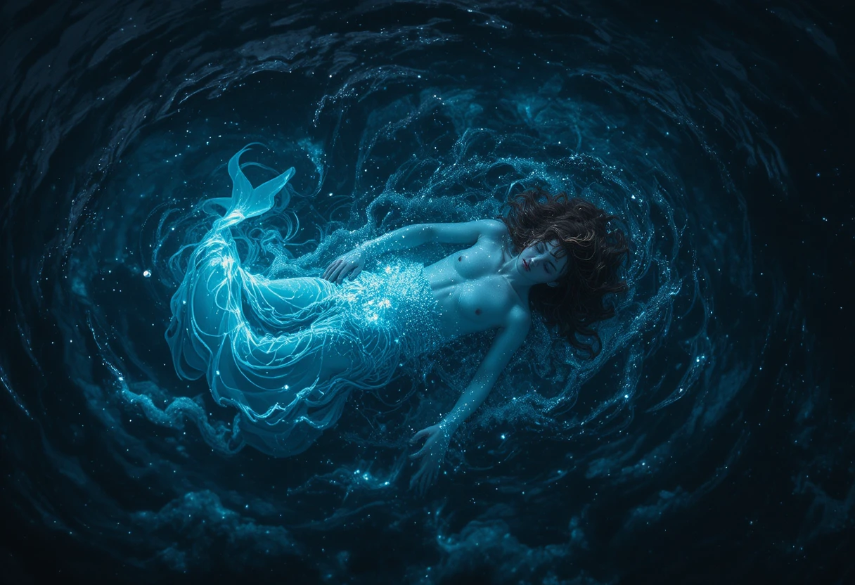 Serene woman floating above glowing deep ocean night waters