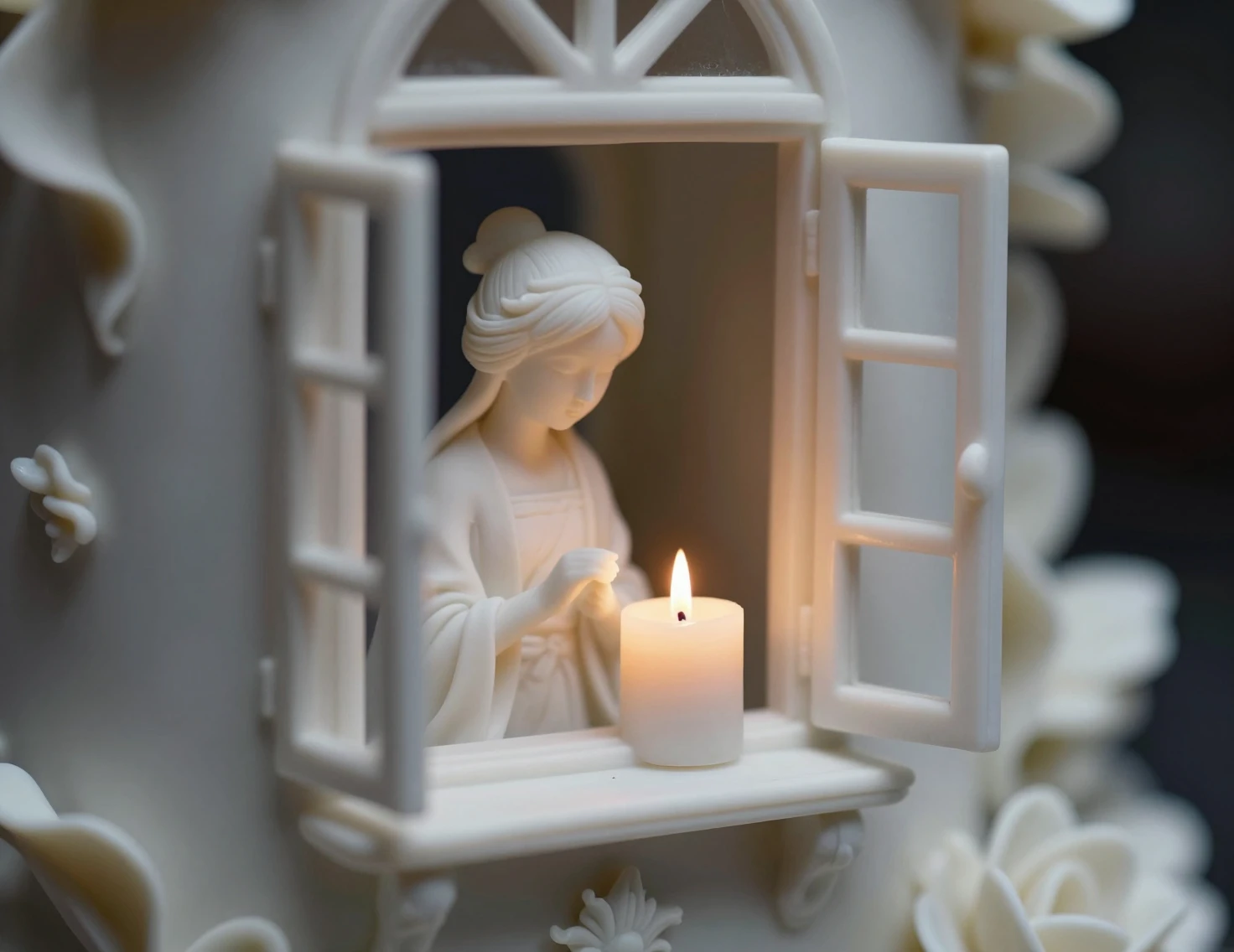 Scultura di fata in porcellana accanto a una finestra aperta illuminata da candele