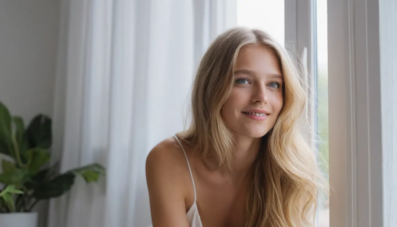 Donna bionda che sorride dolcemente su un letto moderno