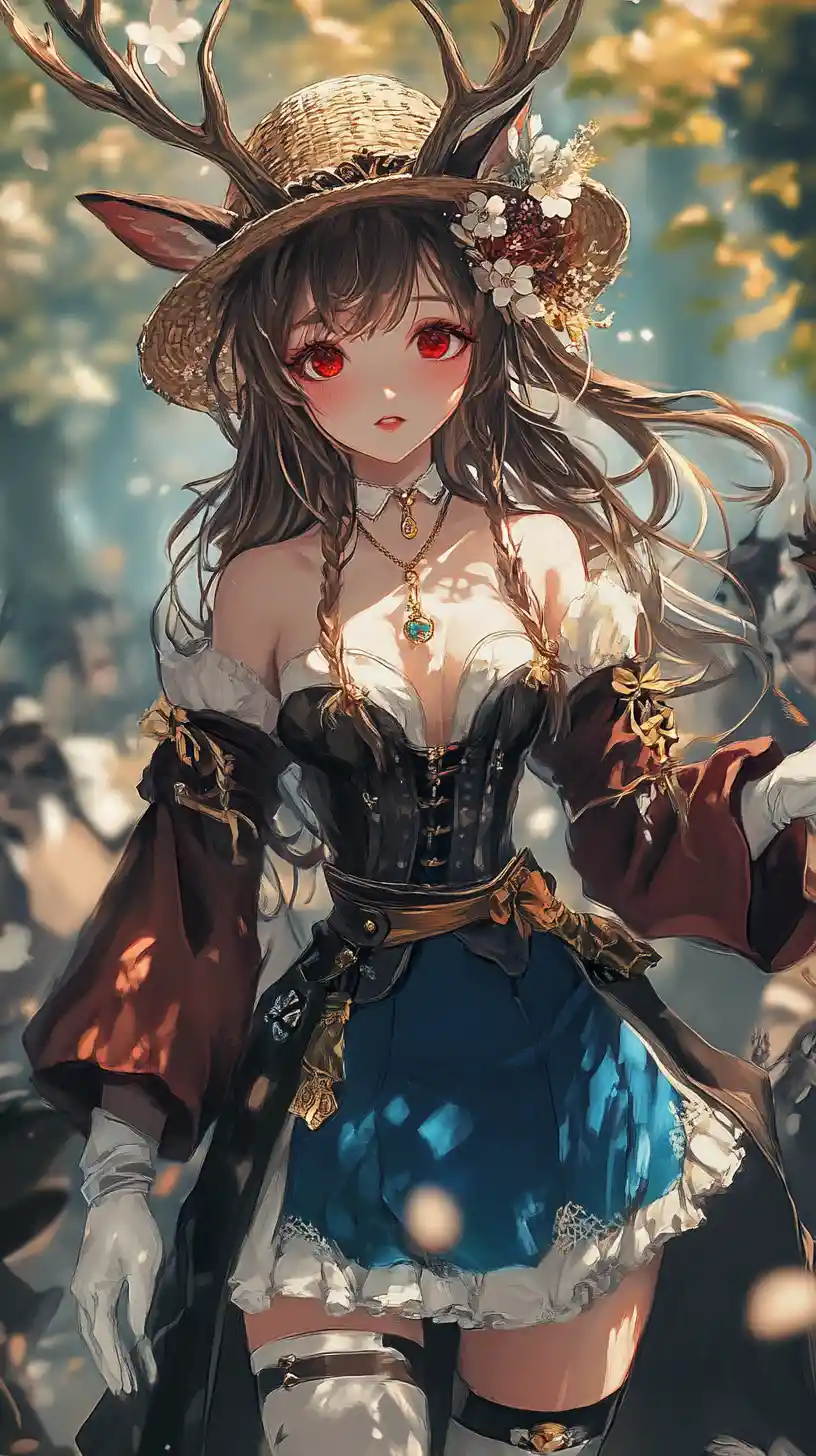 Anime girl dancing joyfully with male models in dim light