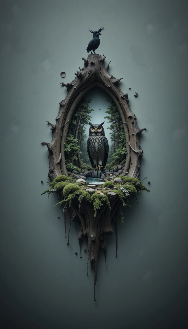 Surreal digital owl silhouette with forest micro landscape