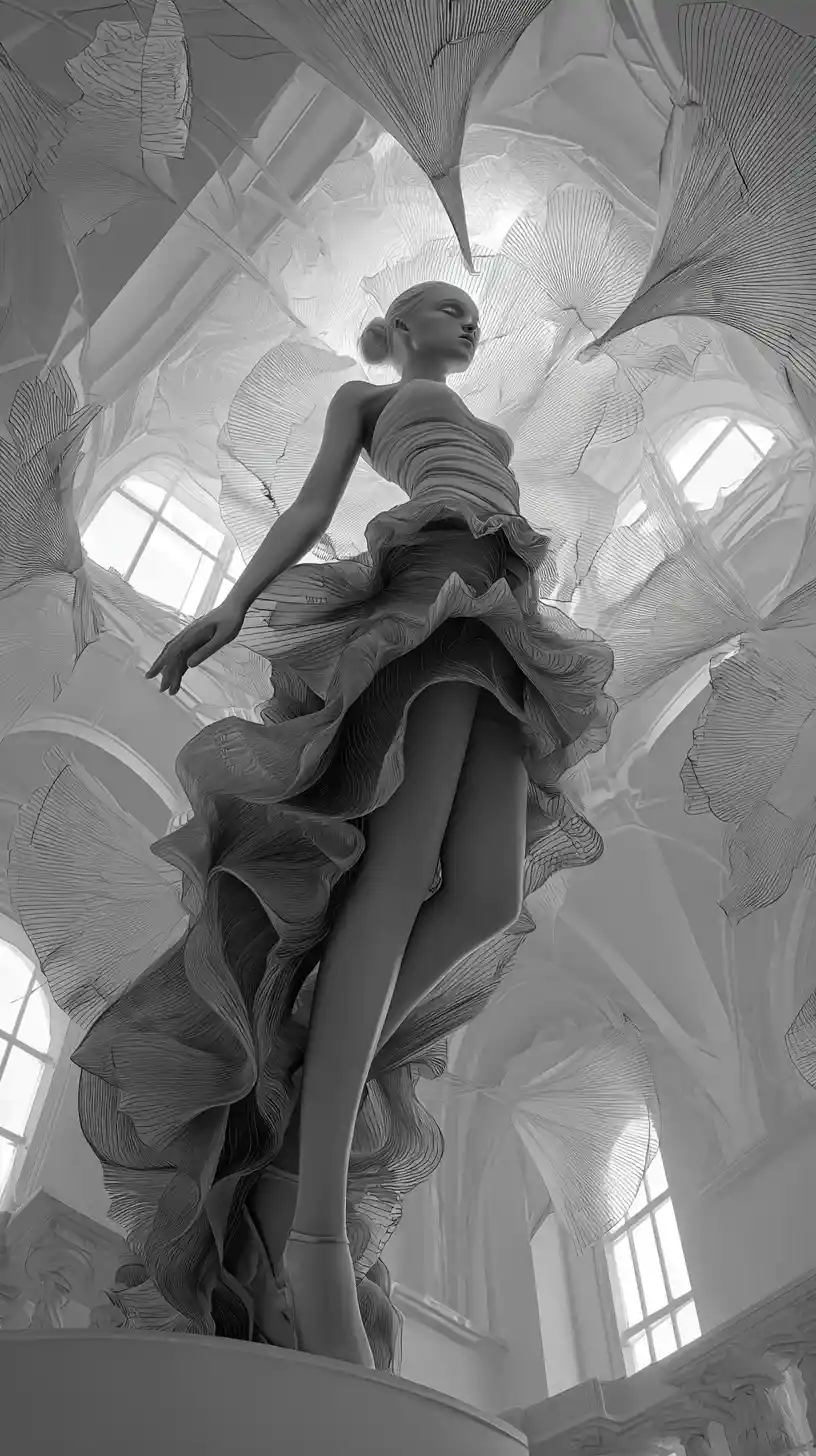 Surreal woman in flowing dress warping a floating fantasy world