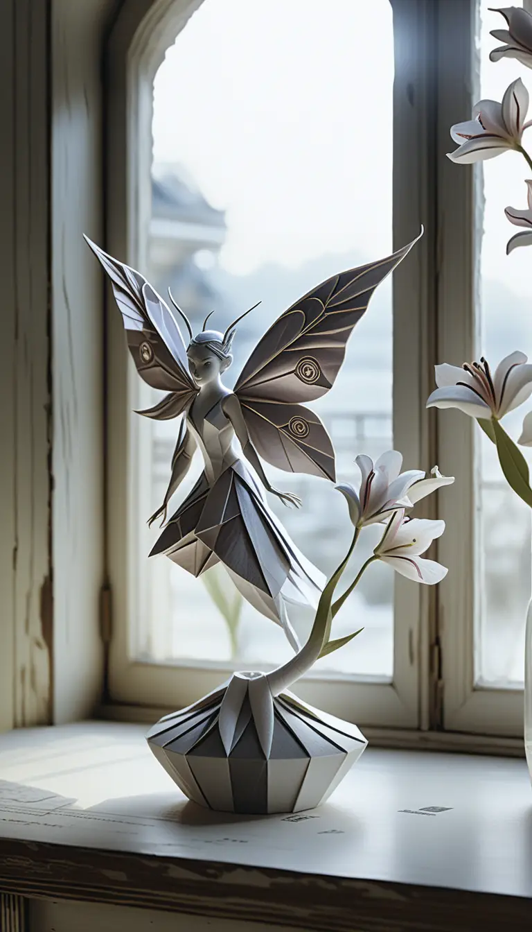 Origami paper fae sculpture by a candlelit bay window