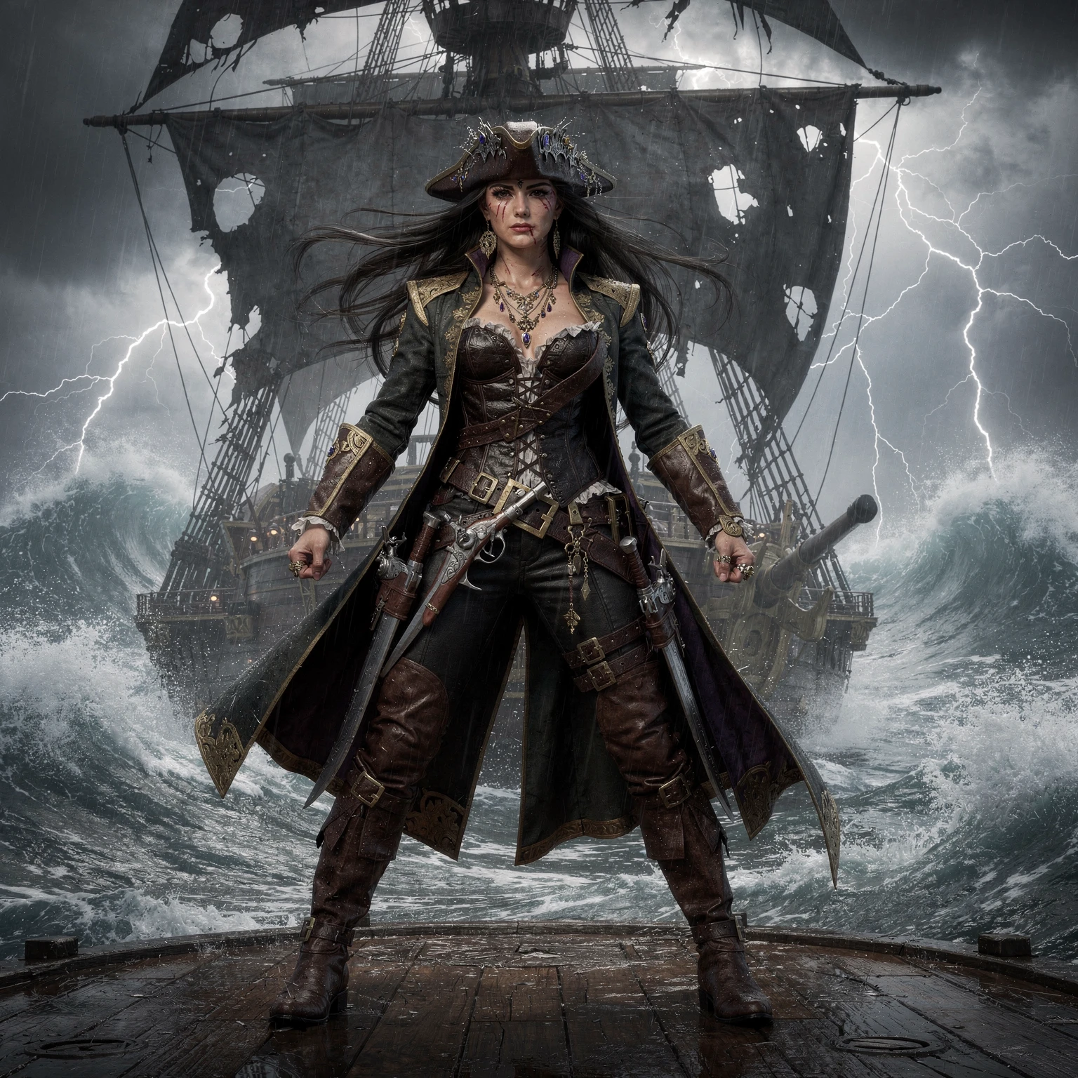 Dunkle Fantasy-Piratenkönigin am Steuer eines Kriegsschiffs