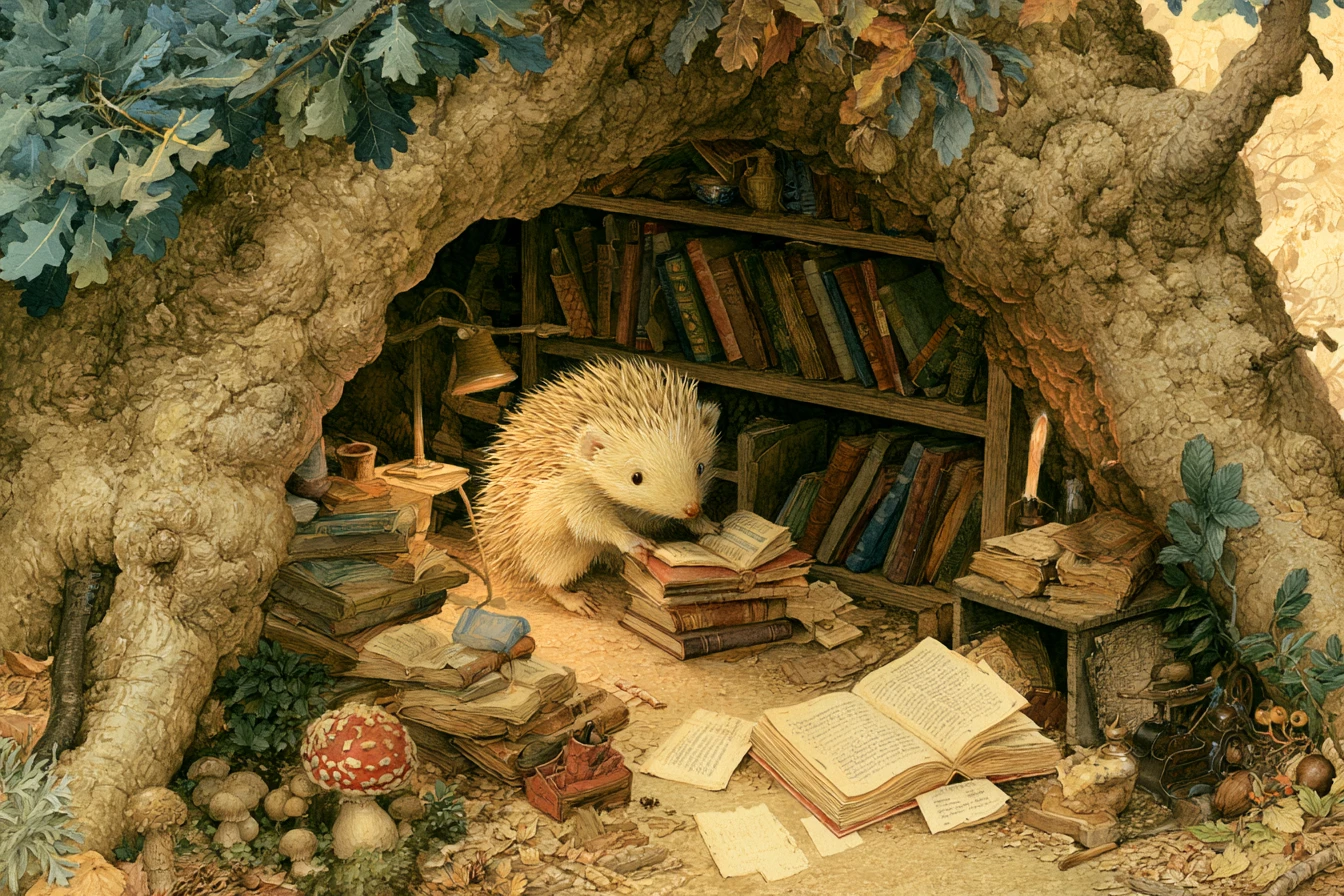 Pequeño erizo bibliotecario en una acogedora biblioteca en un árbol