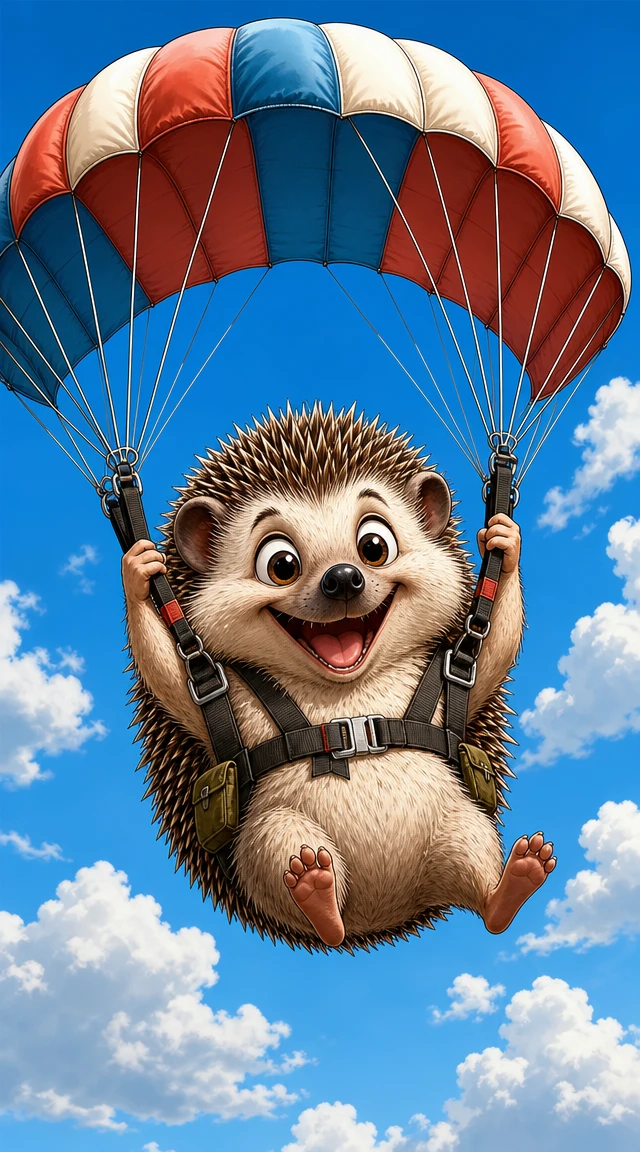 Cartoon hedgehog floating under a parachute in blue sky